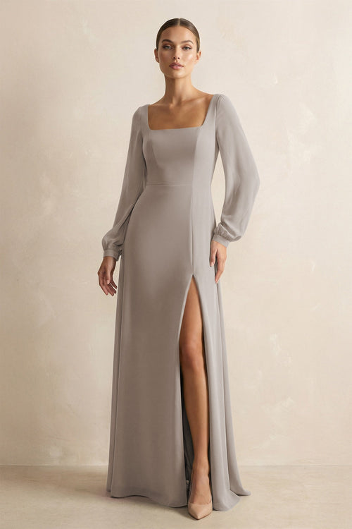 Square Neck Long Sleeves Chiffon Sheath Bridesmaid Dress in Frost | KISSBRIDAL