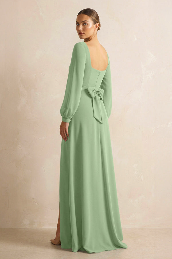 Square Neck Long Sleeves Chiffon Sheath Bridesmaid Dress in Matcha (2) | KISSBRIDAL
