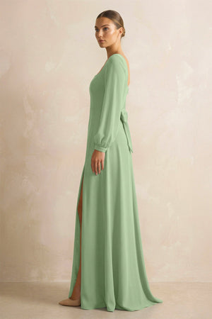 Square Neck Long Sleeves Chiffon Sheath Bridesmaid Dress in Matcha (3) | KISSBRIDAL