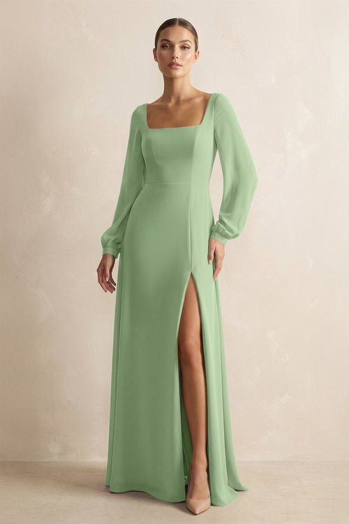 Square Neck Long Sleeves Chiffon Sheath Bridesmaid Dress in Matcha | KISSBRIDAL