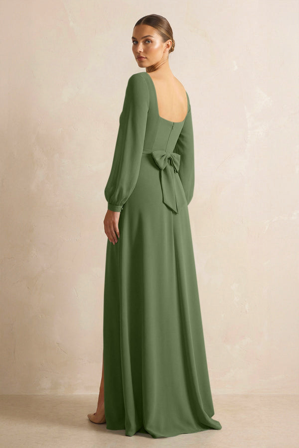 Square Neck Long Sleeves Chiffon Sheath Bridesmaid Dress in Moss (2) | KISSBRIDAL