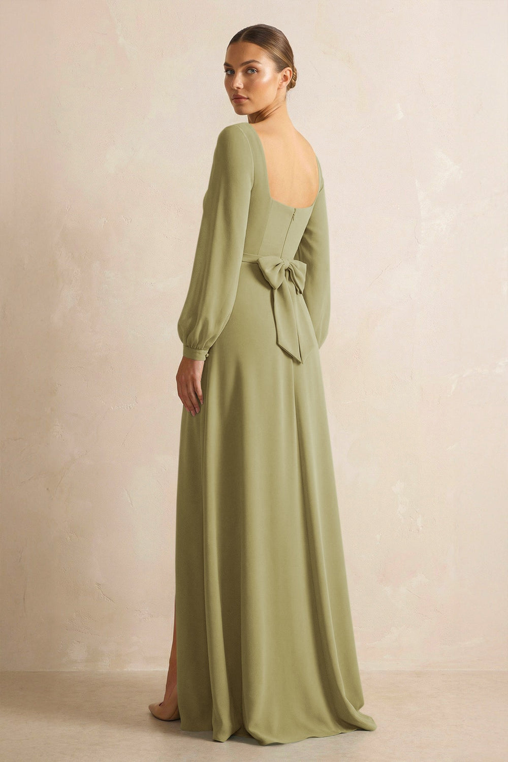 Square Neck Long Sleeves Chiffon Sheath Bridesmaid Dress in Moss Green