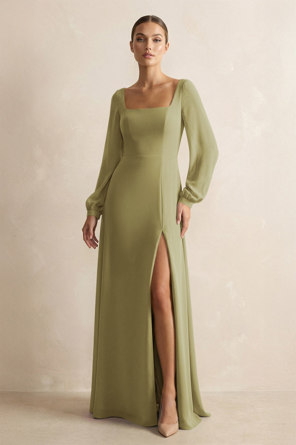 Square Neck Long Sleeves Chiffon Sheath Bridesmaid Dress in Moss Green