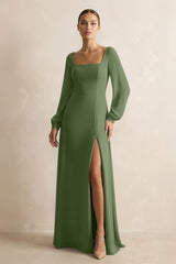 Square Neck Long Sleeves Chiffon Sheath Bridesmaid Dress in Moss | KISSBRIDAL