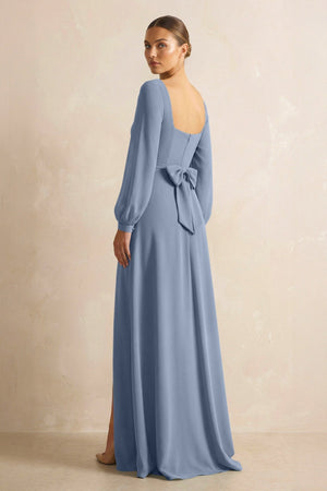 Square Neck Long Sleeves Chiffon Sheath Bridesmaid Dress in Neptune - KISS BRIDAL Bridesmaid Dresses