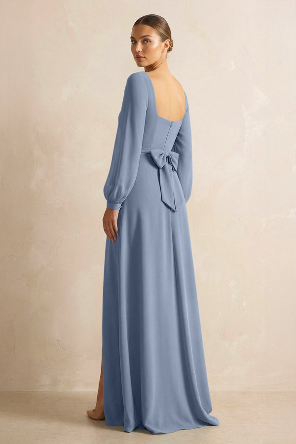 Square Neck Long Sleeves Chiffon Sheath Bridesmaid Dress in Neptune - KISS BRIDAL Bridesmaid Dresses