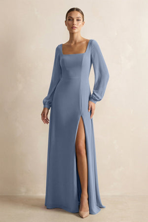 Square Neck Long Sleeves Chiffon Sheath Bridesmaid Dress in Neptune - KISS BRIDAL Bridesmaid Dresses