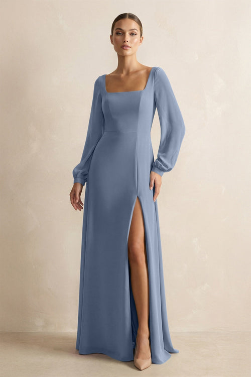 Square Neck Long Sleeves Chiffon Sheath Bridesmaid Dress in Neptune - KISS BRIDAL Bridesmaid Dresses