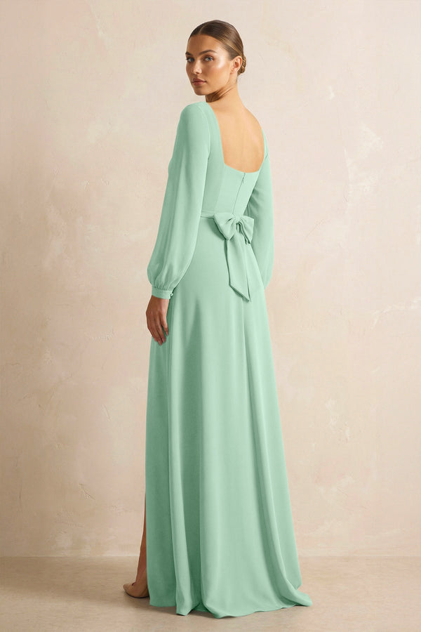 Square Neck Long Sleeves Chiffon Sheath Bridesmaid Dress in Pale Pistachio (2) | KISSBRIDAL