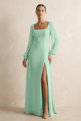 Square Neck Long Sleeves Chiffon Sheath Bridesmaid Dress in Pale Pistachio | KISSBRIDAL