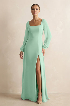 Square Neck Long Sleeves Chiffon Sheath Bridesmaid Dress in Pale Pistachio | KISSBRIDAL