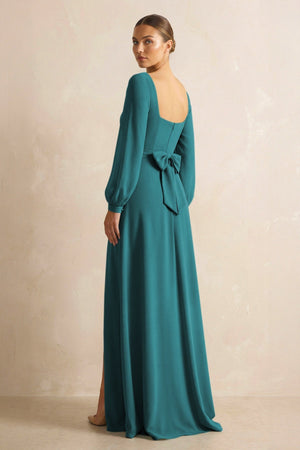Square Neck Long Sleeves Chiffon Sheath Bridesmaid Dress in Pine - KISS BRIDAL Bridesmaid Dresses