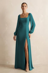 Square Neck Long Sleeves Chiffon Sheath Bridesmaid Dress in Pine - KISS BRIDAL Bridesmaid Dresses