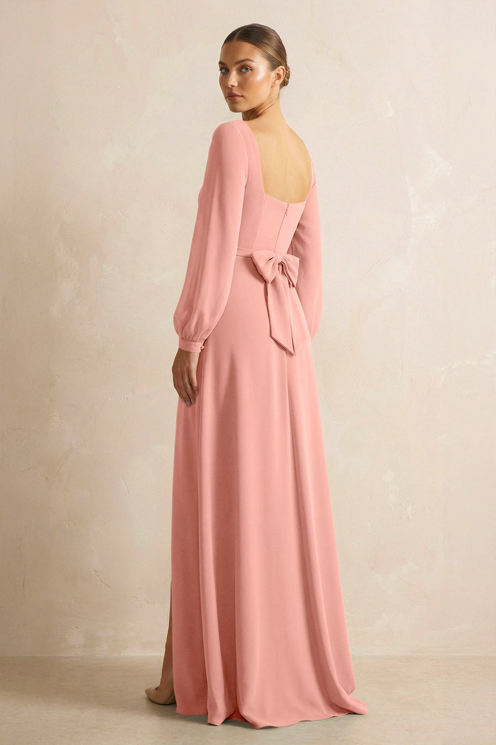 Square Neck Long Sleeves Chiffon Sheath Bridesmaid Dress in Rosette