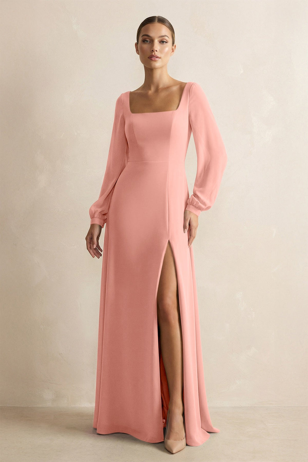 Square Neck Long Sleeves Chiffon Sheath Bridesmaid Dress in Rosette