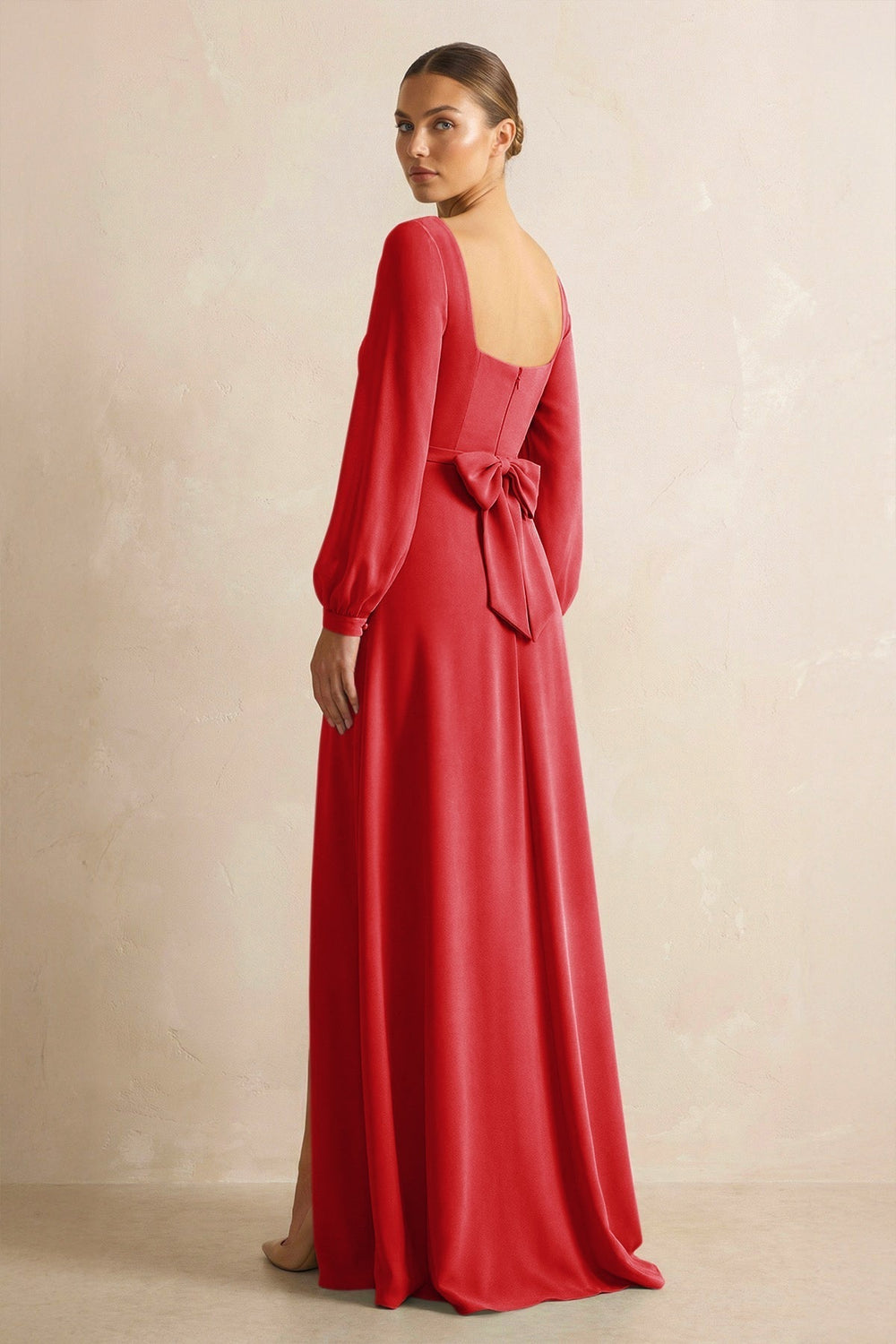 Square Neck Long Sleeves Chiffon Sheath Bridesmaid Dress in Ruby Red