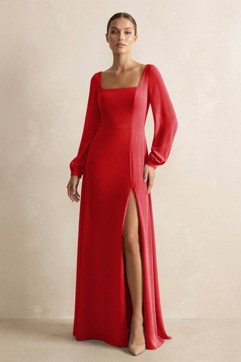 Square Neck Long Sleeves Chiffon Sheath Bridesmaid Dress in Ruby Red