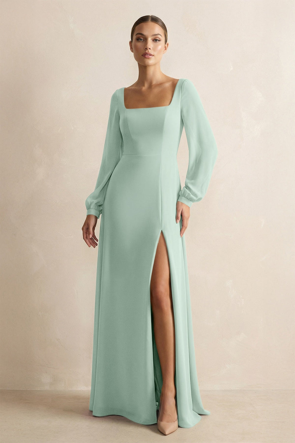 Square Neck Long Sleeves Chiffon Sheath Bridesmaid Dress in Sage