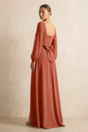 Square Neck Long Sleeves Chiffon Sheath Bridesmaid Dress in Spice - KISS BRIDAL Bridesmaid Dresses