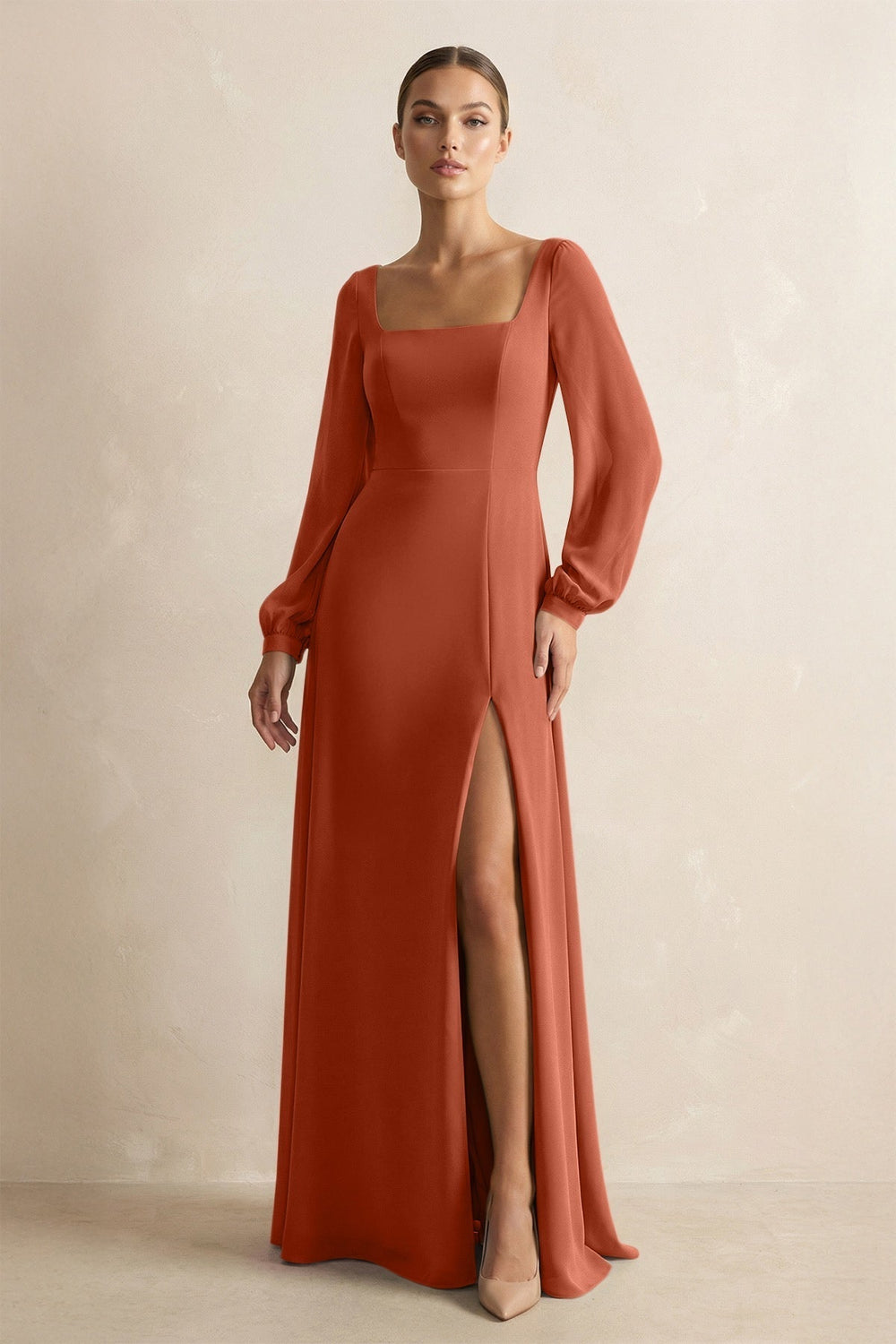 Square Neck Long Sleeves Chiffon Sheath Bridesmaid Dress in Spice