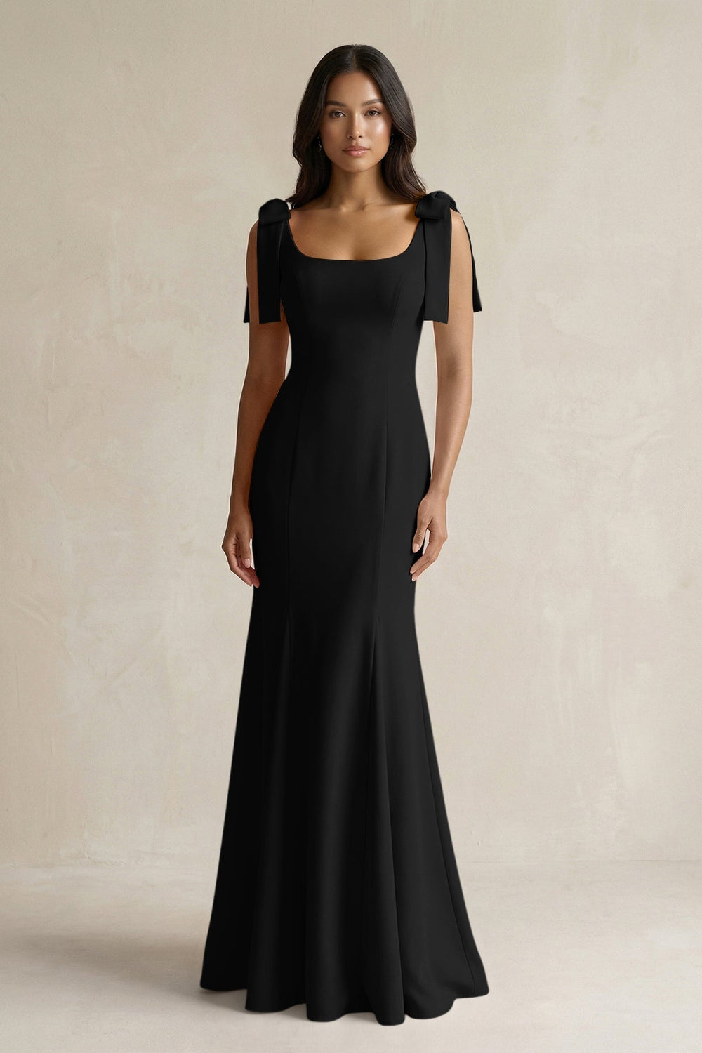 Square Neck Mermaid Bridesmaid Dress With Bow in Black