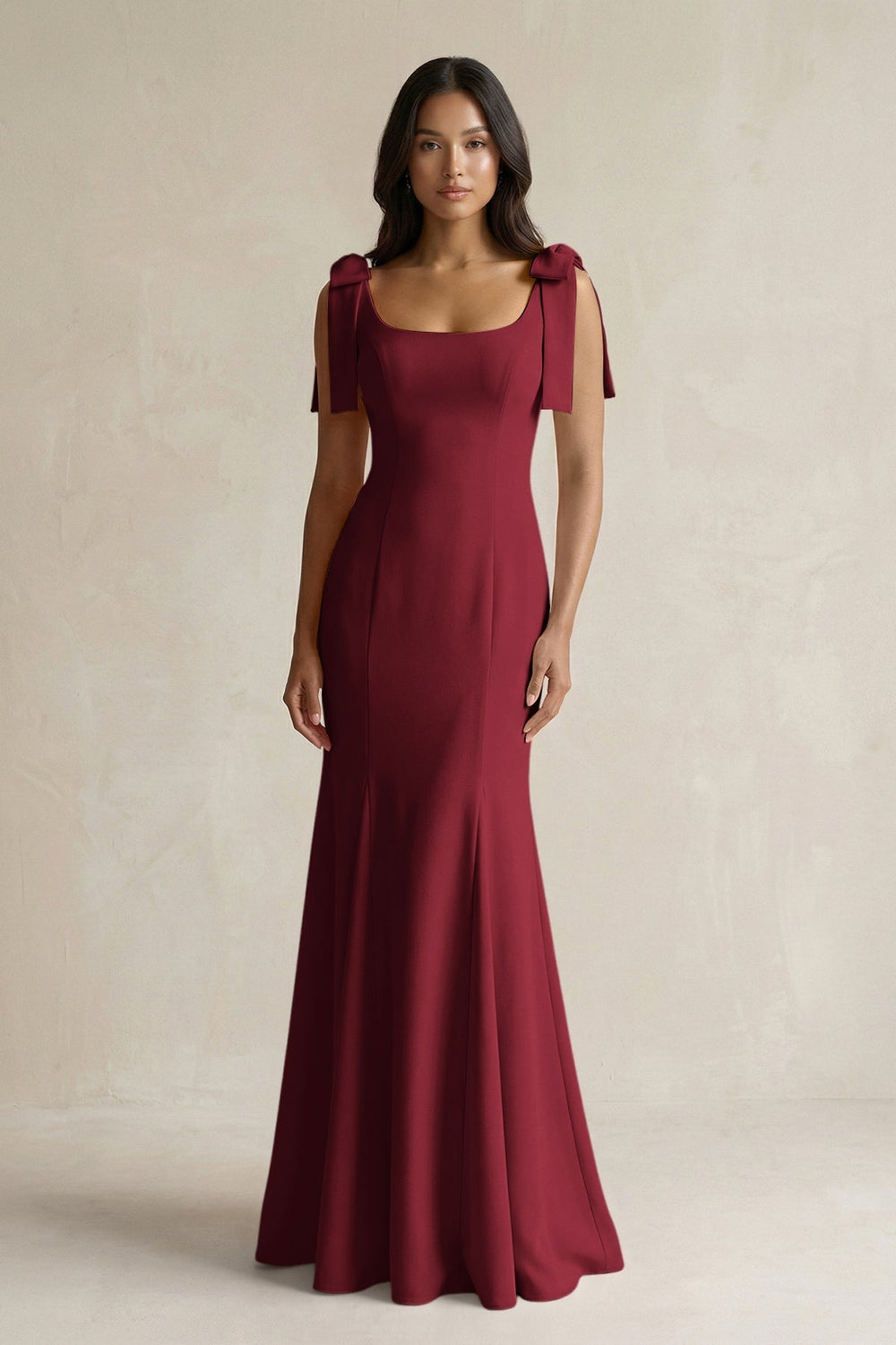 Square Neck Mermaid Bridesmaid Dress With Bow in Burgundy