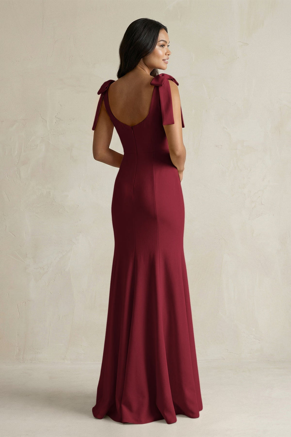 Square Neck Mermaid Bridesmaid Dress With Bow in Burgundy
