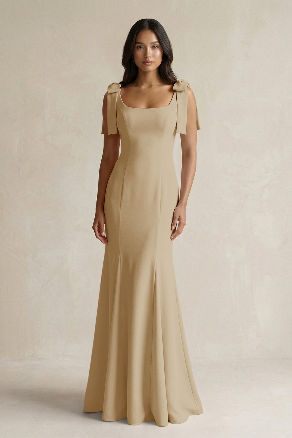Square Neck Mermaid Bridesmaid Dress With Bow in Champagne