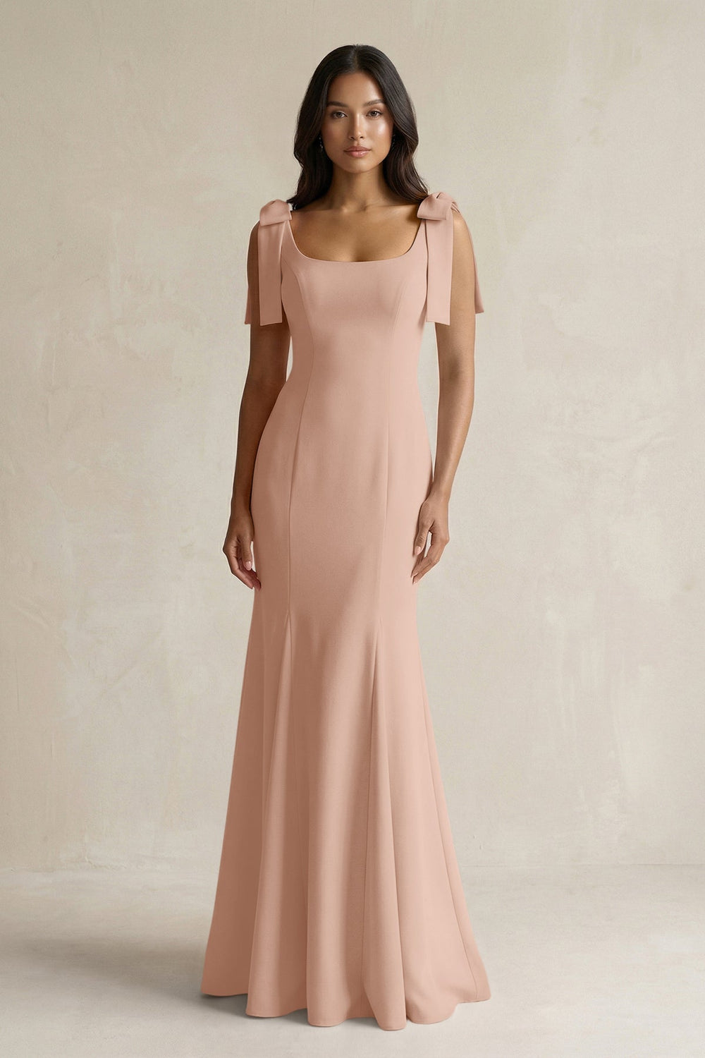 Square Neck Mermaid Bridesmaid Dress With Bow in Champagne Rose