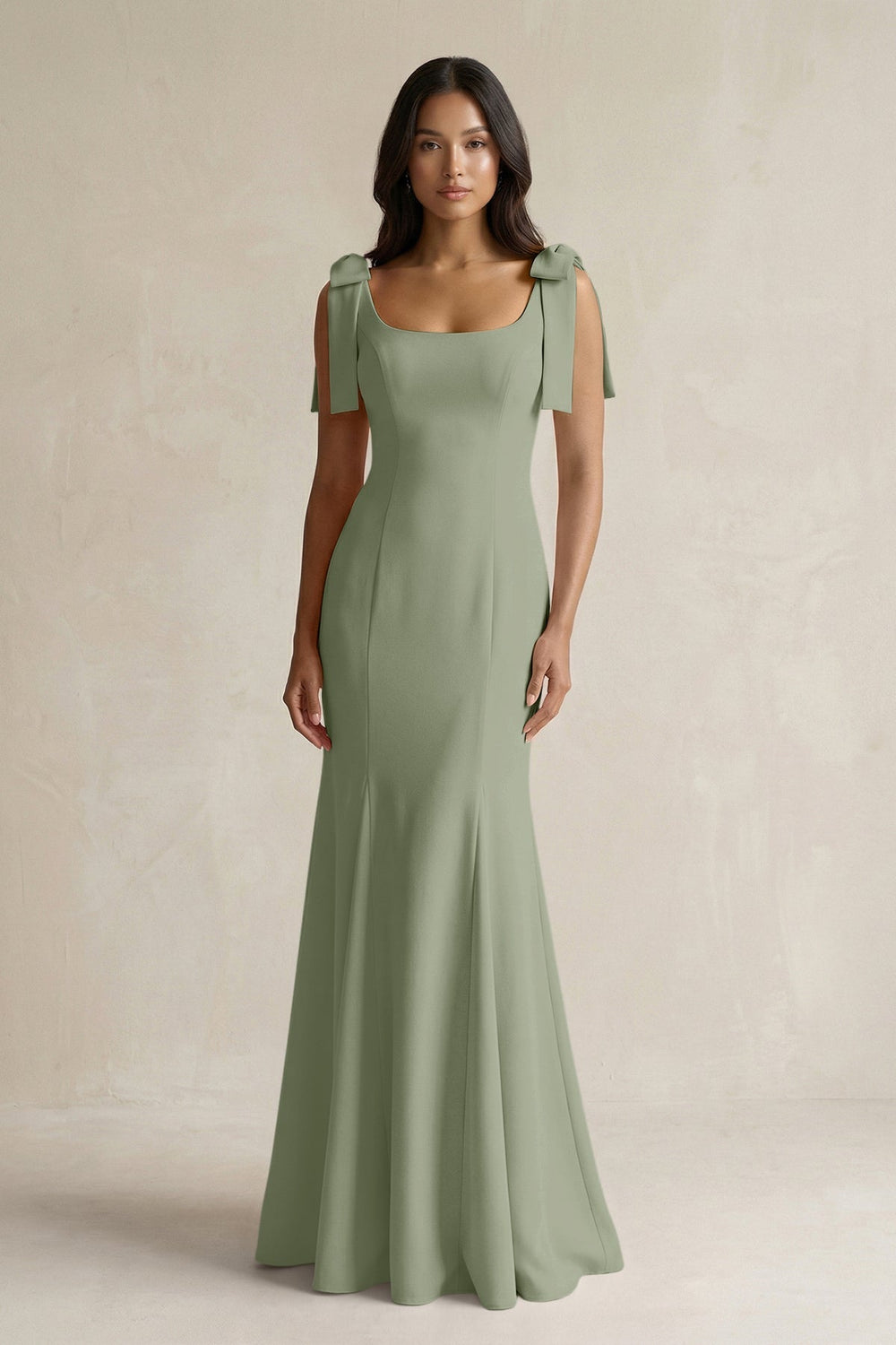 Square Neck Mermaid Bridesmaid Dress With Bow in Dove Gray