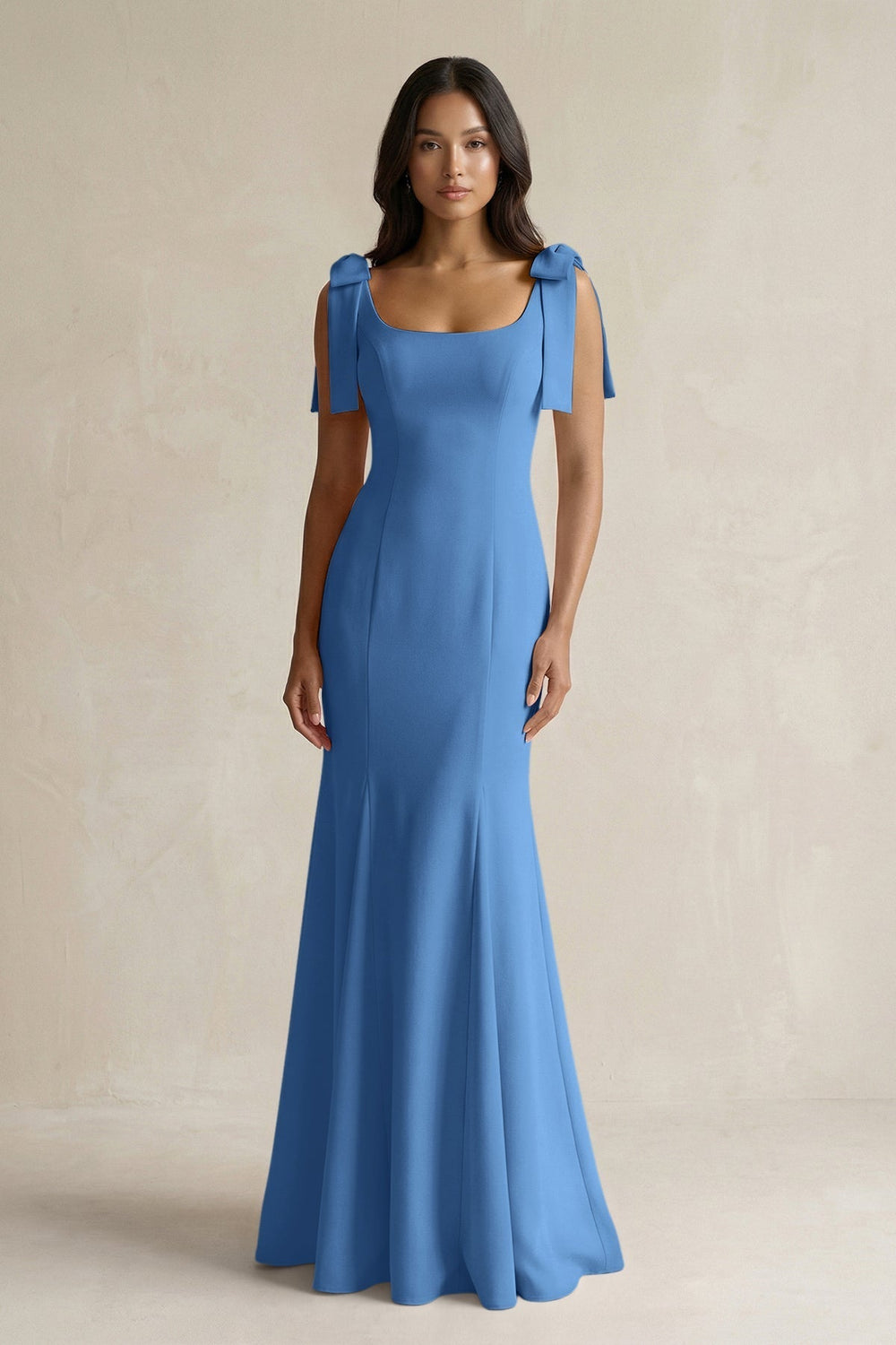 Square Neck Mermaid Bridesmaid Dress With Bow in Dusty Blue