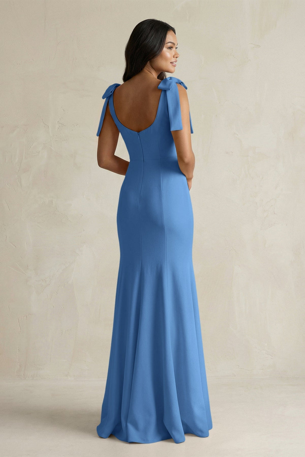Square Neck Mermaid Bridesmaid Dress With Bow in Dusty Blue