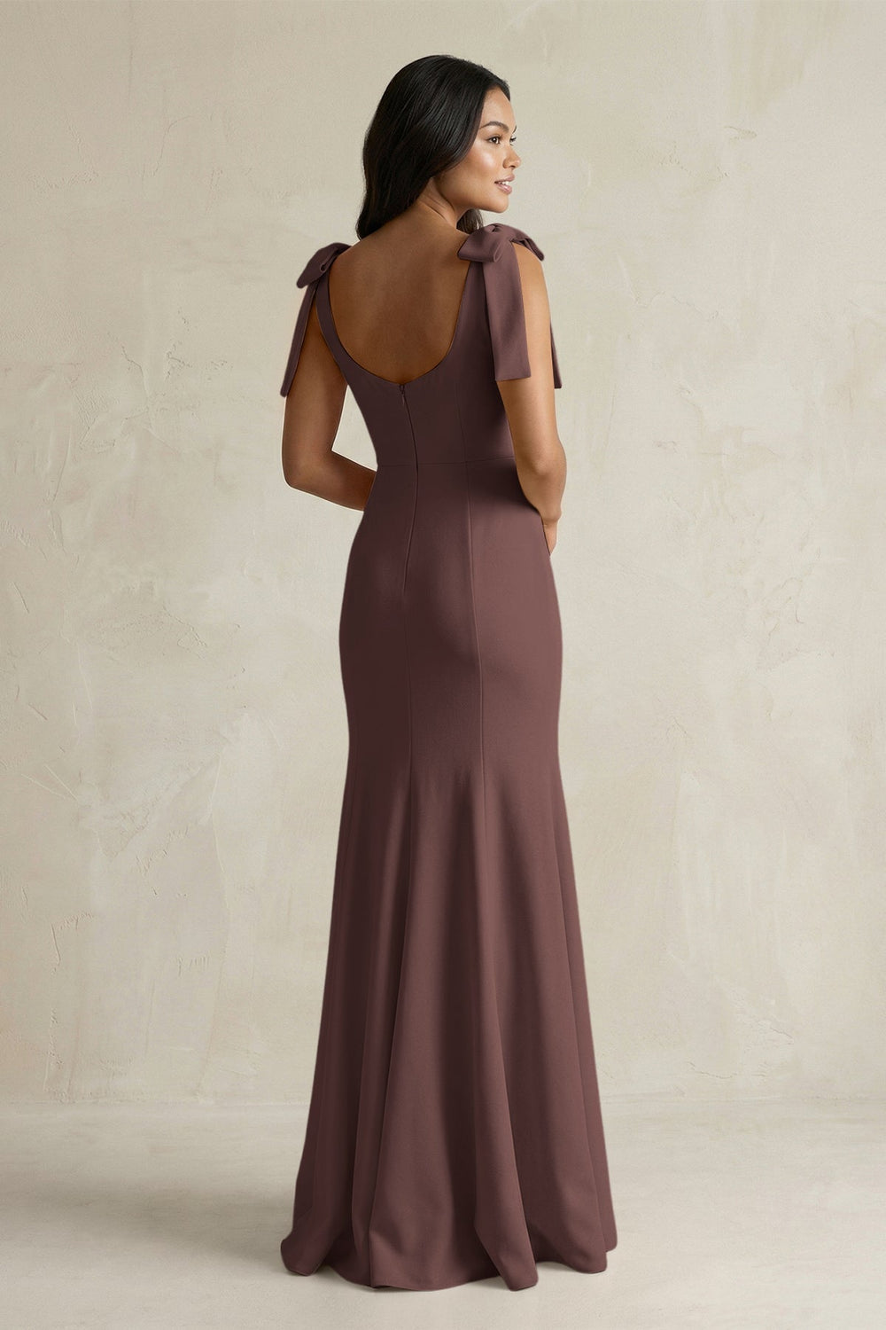 Square Neck Mermaid Bridesmaid Dress With Bow in Espresso