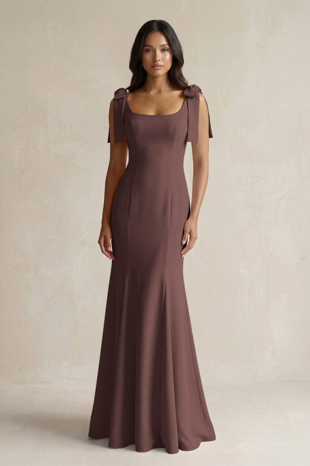 Square Neck Mermaid Bridesmaid Dress With Bow in Espresso