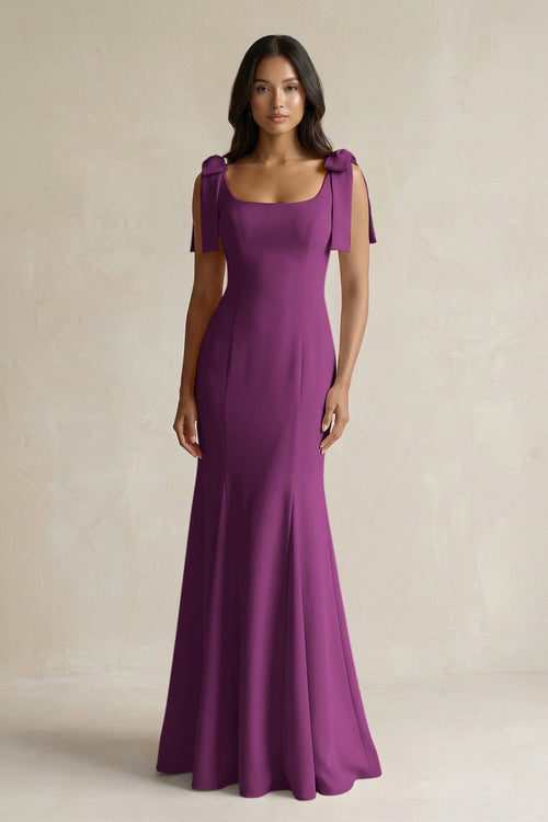 Square Neck Mermaid Bridesmaid Dress With Bow in Fig - KISS BRIDAL Bridesmaid Dresses