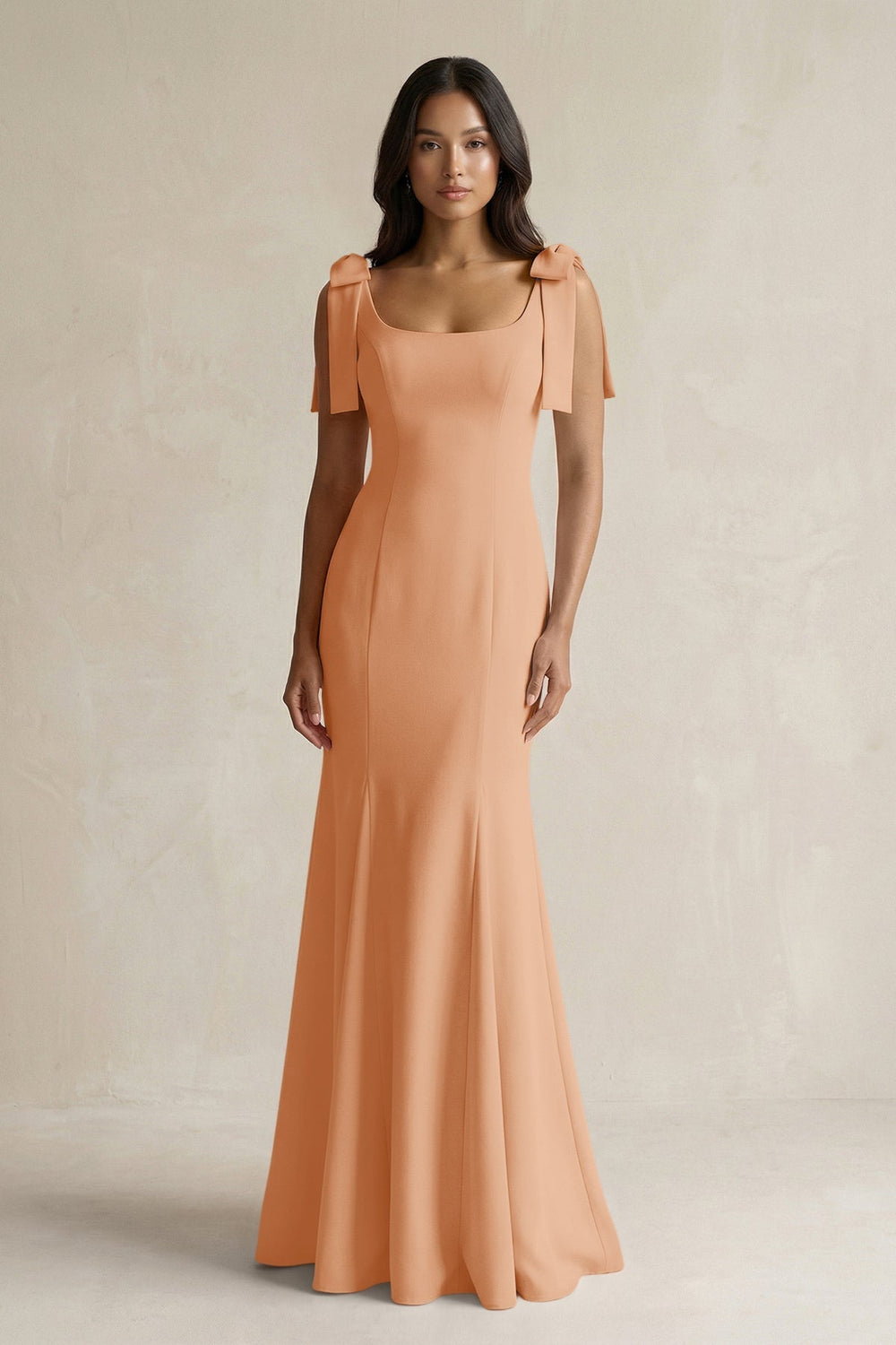 Square Neck Mermaid Bridesmaid Dress With Bow in Golden Champagne