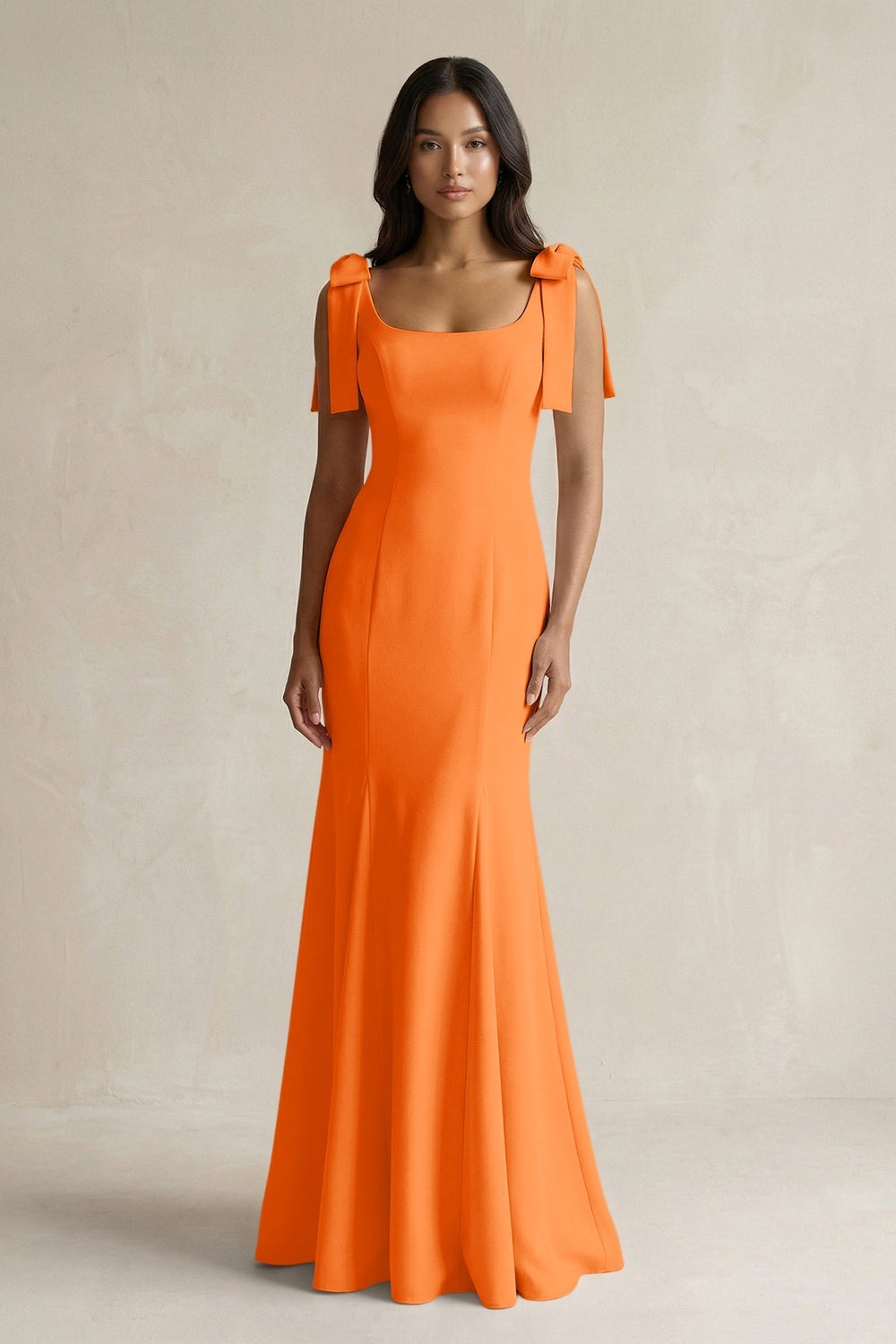 Square Neck Mermaid Bridesmaid Dress With Bow in Orange