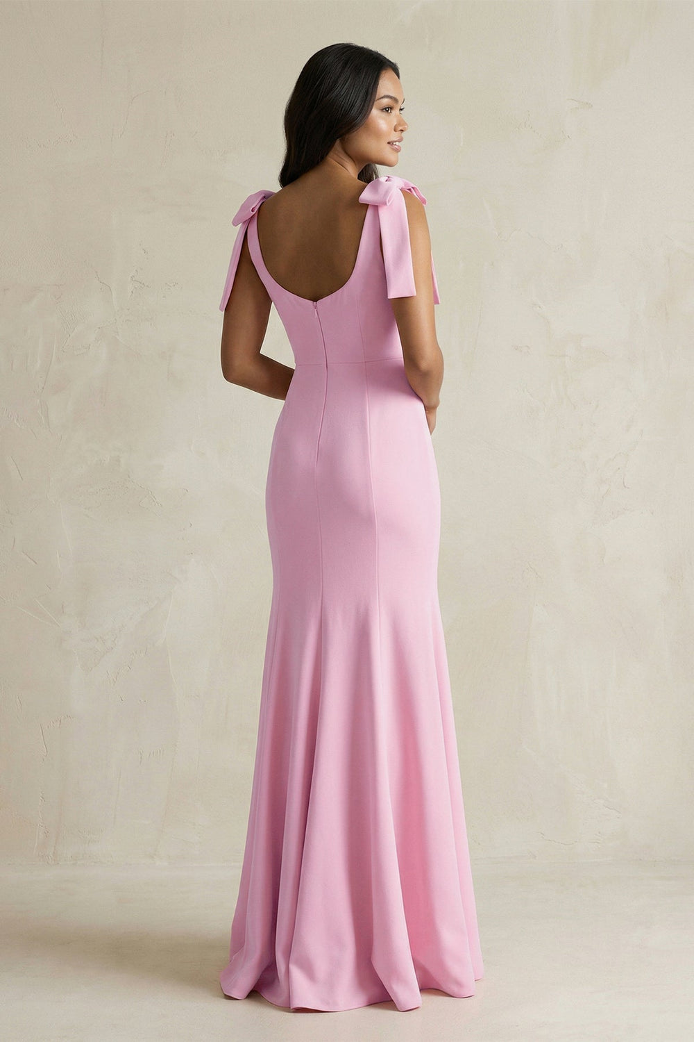 Square Neck Mermaid Bridesmaid Dress With Bow in Pink