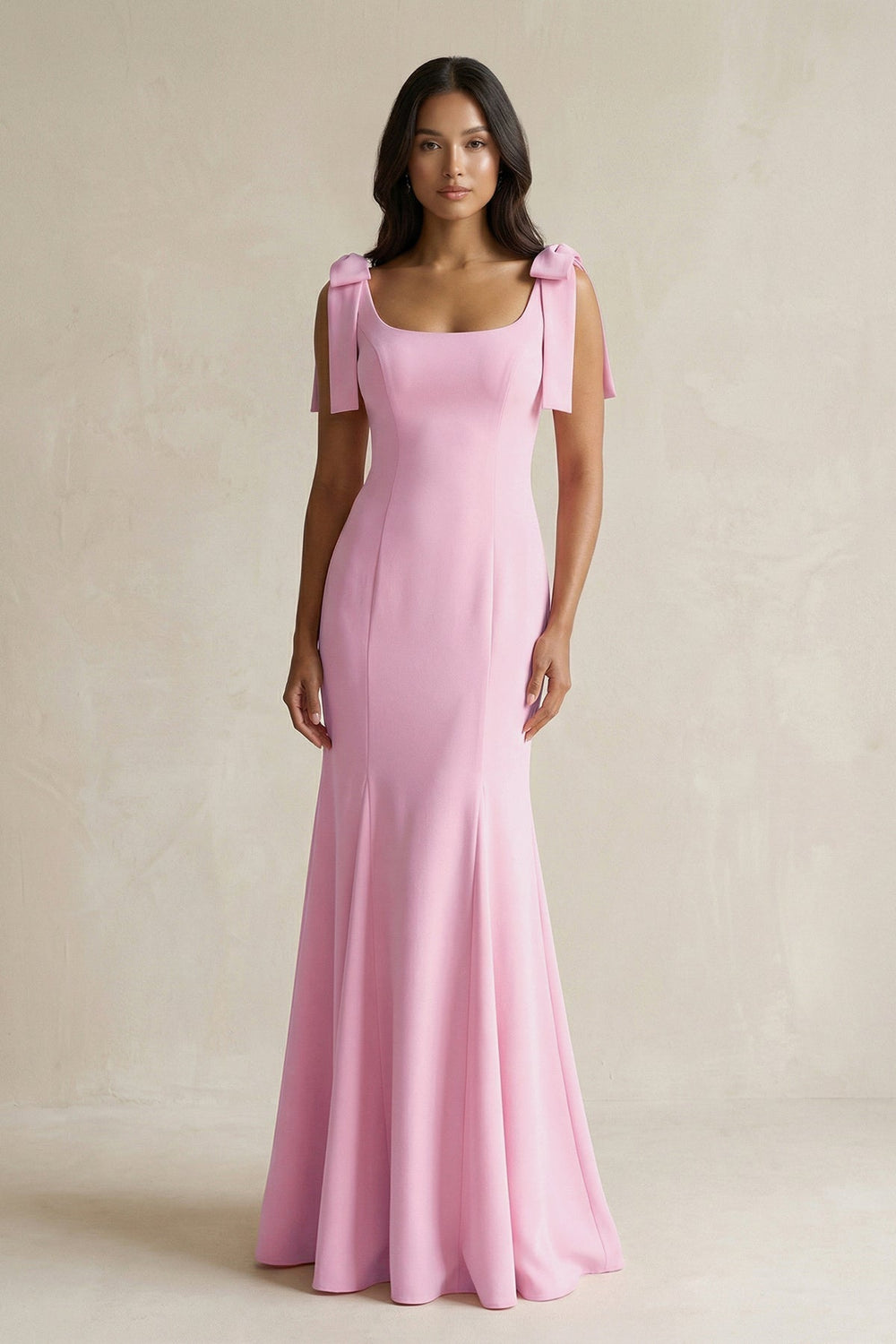 Square Neck Mermaid Bridesmaid Dress With Bow in Pink