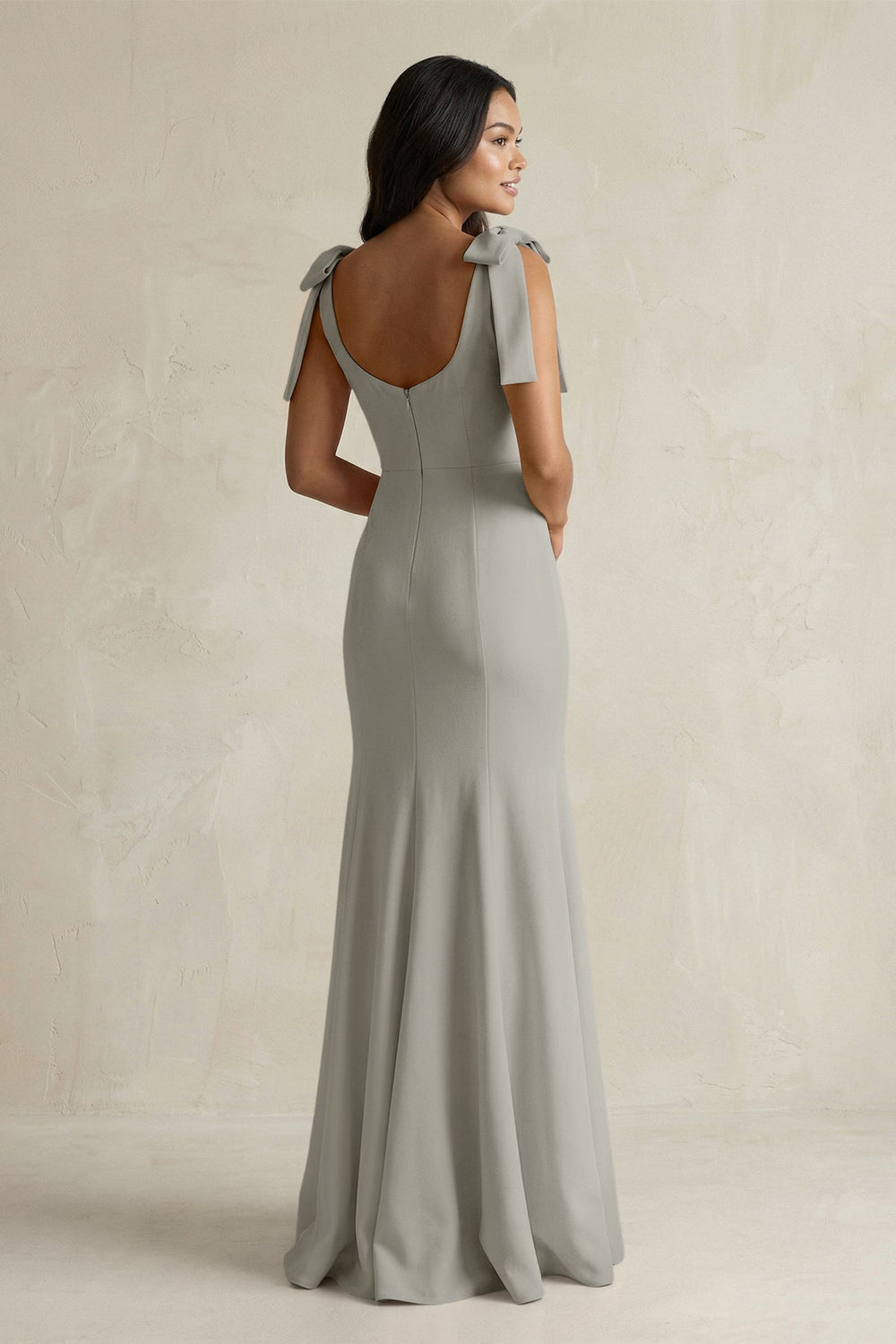 Square Neck Mermaid Bridesmaid Dress With Bow in Silver