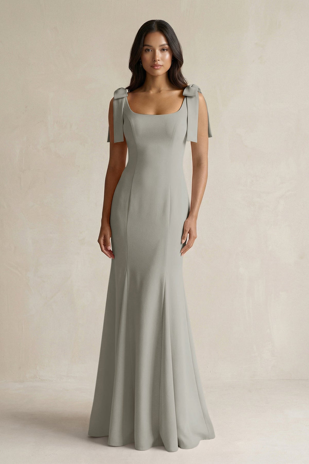 Square Neck Mermaid Bridesmaid Dress With Bow in Silver