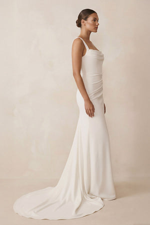 Square Neck Mermaid Satin Corset Wedding Dress in White - KISS BRIDAL Wedding Dresses