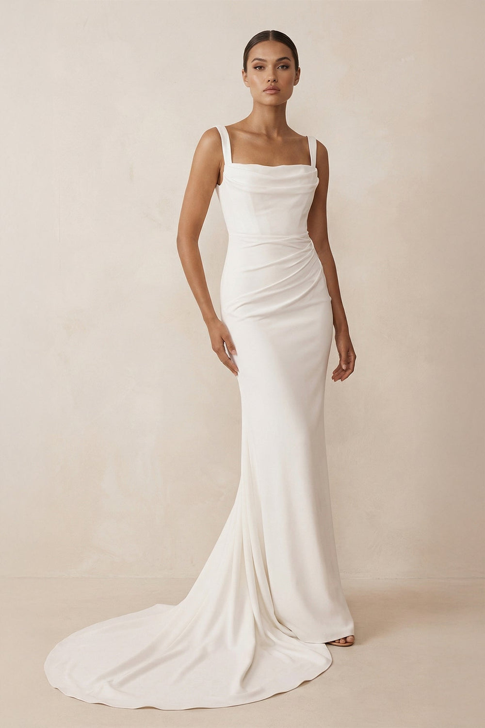 Square Neck Mermaid Satin Corset Wedding Dress in White