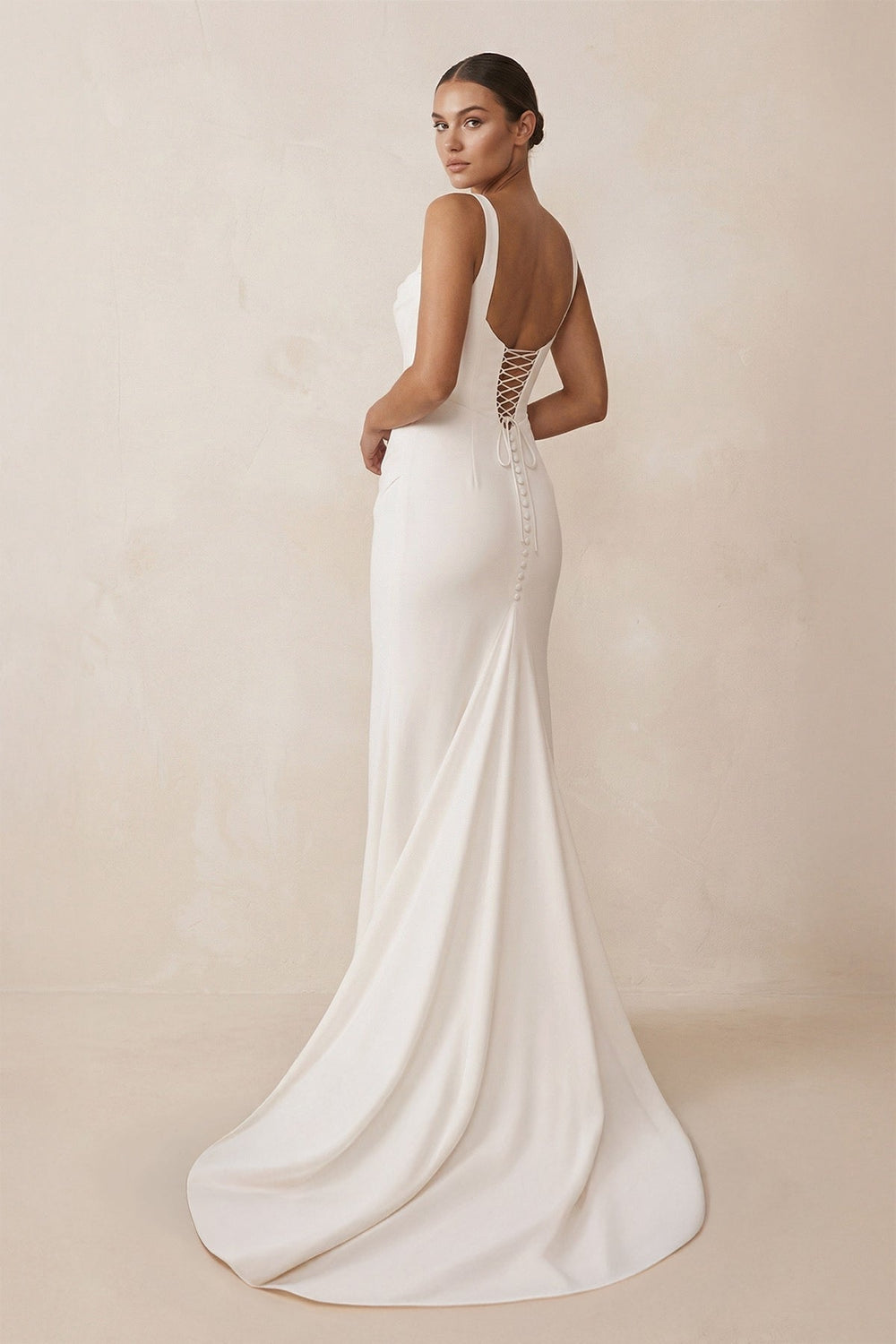 Square Neck Mermaid Satin Corset Wedding Dress in White