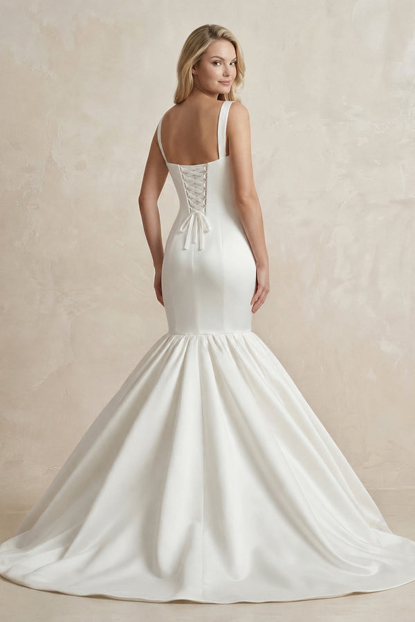 Square Neck Mermaid Satin Wedding Dress in White - KISS BRIDAL Wedding Dresses