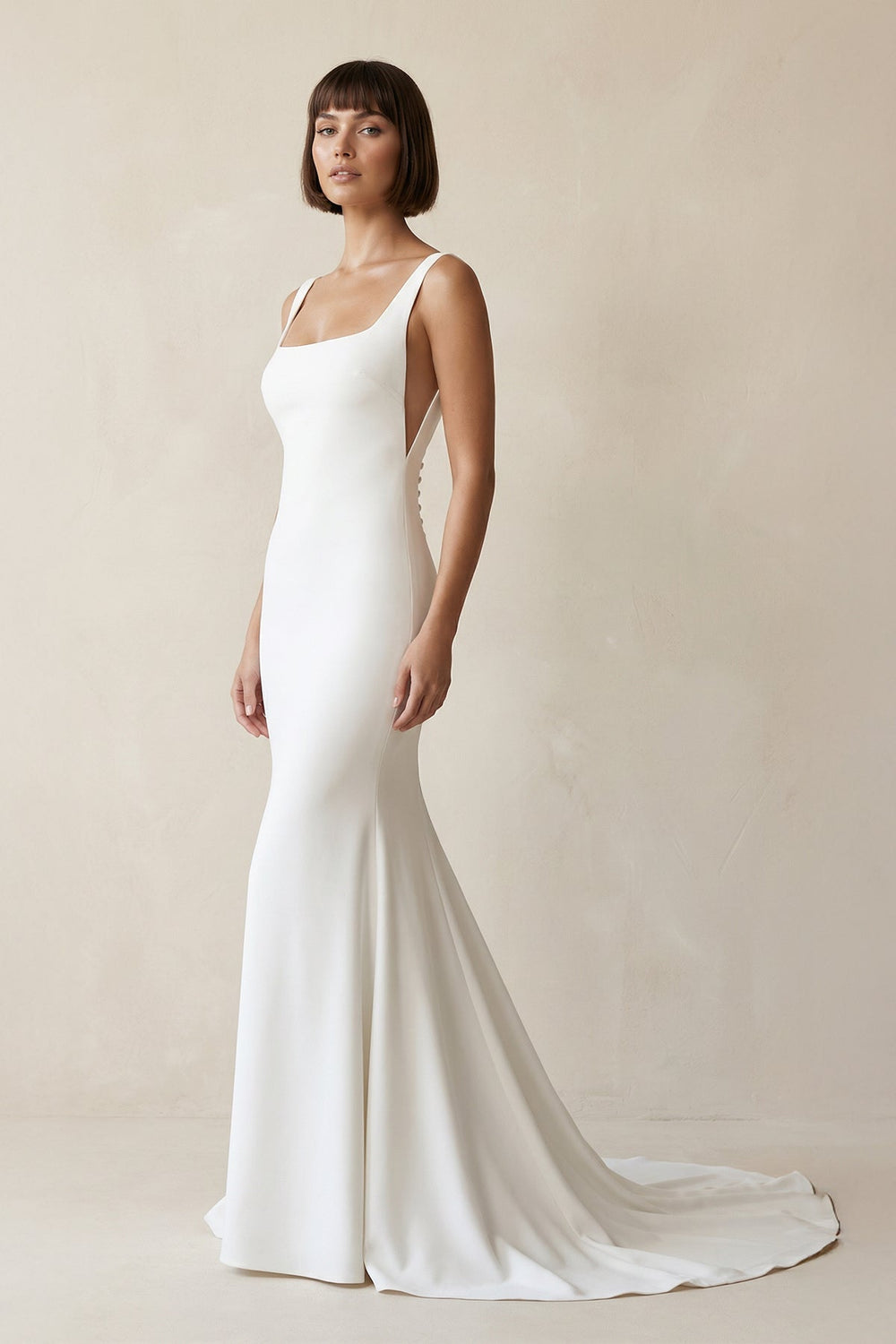 Square Neck Mermaid Satin Wedding Dress in White
