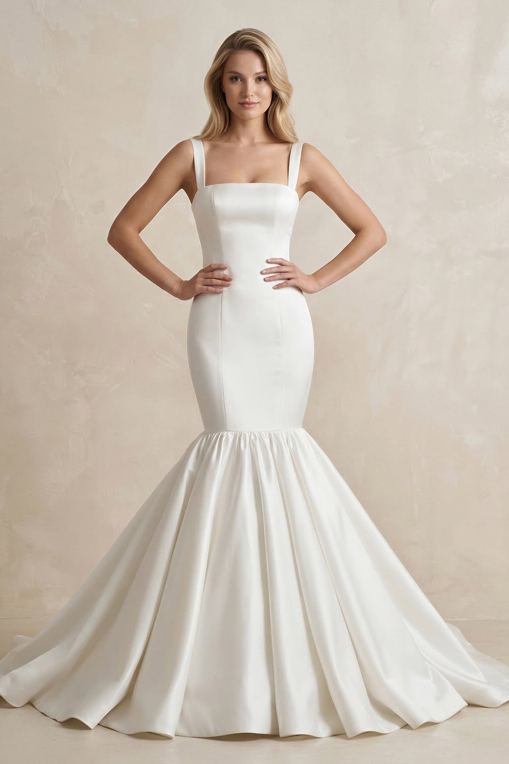 Square Neck Mermaid Satin Wedding Dress in White