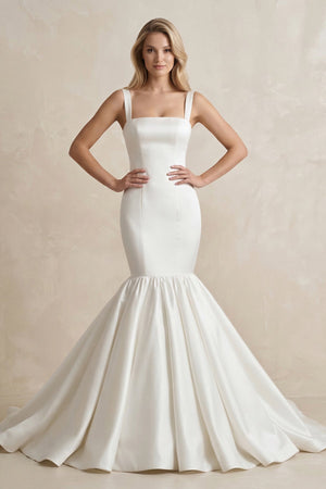 Square Neck Mermaid Satin Wedding Dress in White - KISS BRIDAL Wedding Dresses