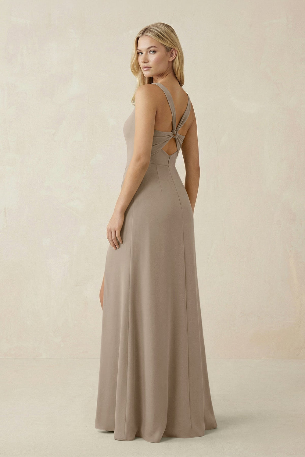 Square Neck Ruched Sheath Satin Bridesmaid Dress in Almond