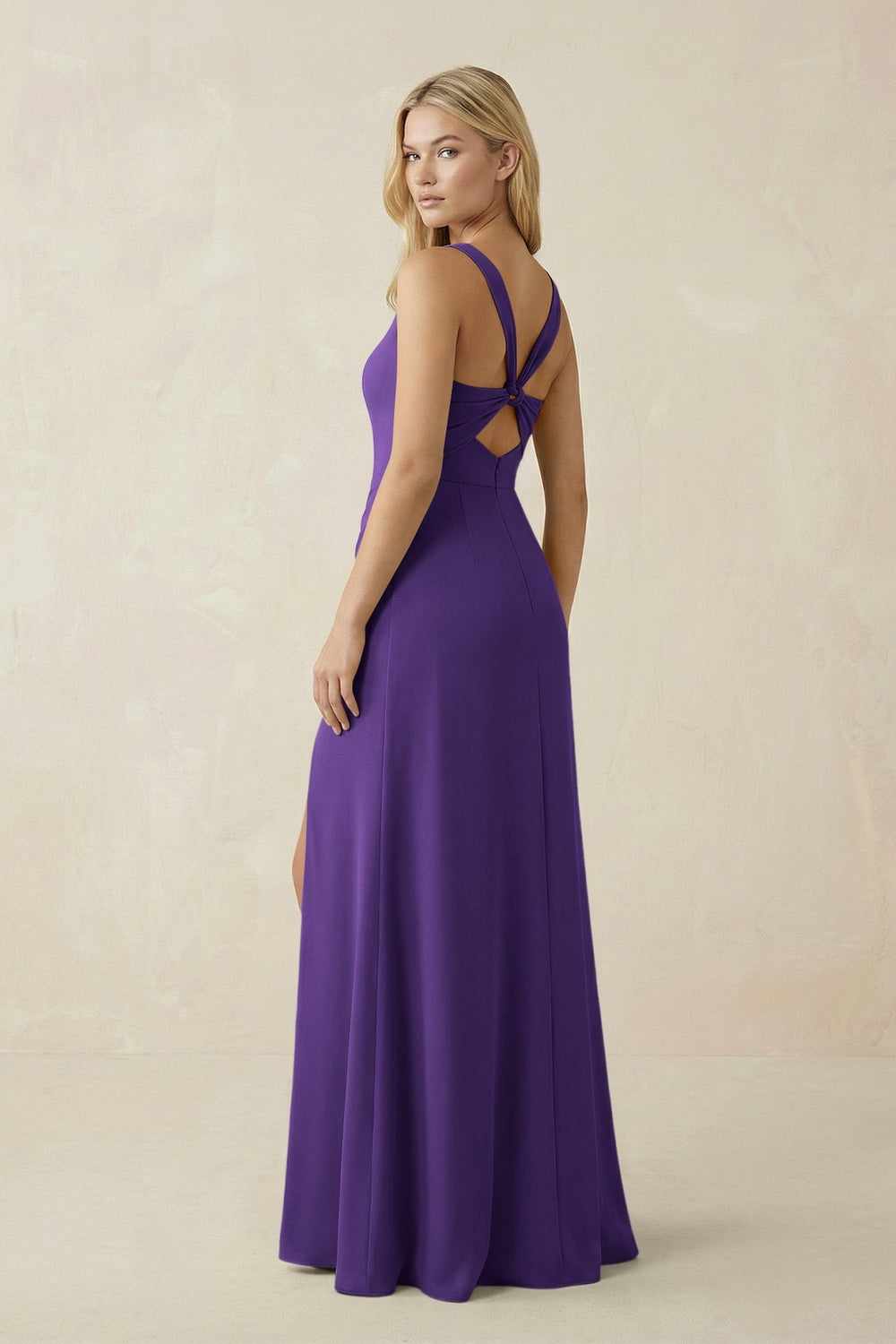 Square Neck Ruched Sheath Satin Bridesmaid Dress in Amethyst